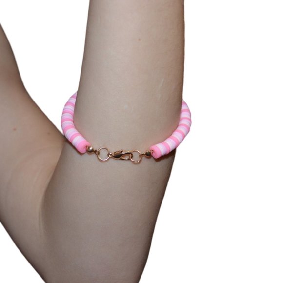 Handmade Set/3 Clay Rubber Beads Elastic Kids Bracelet Blue Pink 3" length/half - Picture 13 of 15